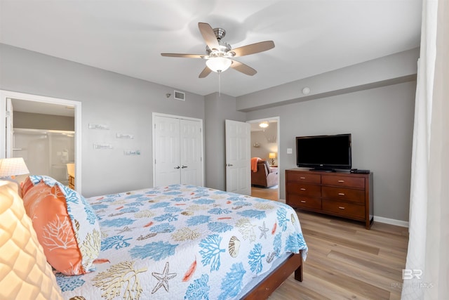 bedroom featuring light wood-type flooring, a closet, and ceiling fan