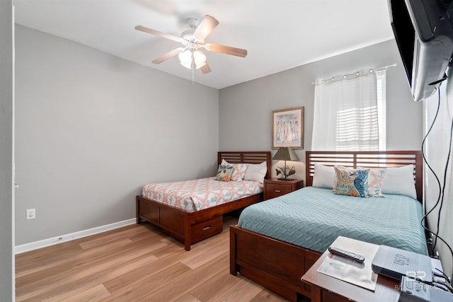 bedroom with ceiling fan and light hardwood / wood-style flooring