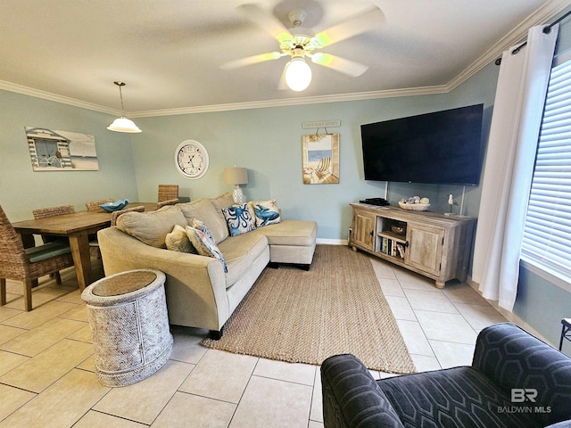 tiled living room featuring ceiling fan and crown molding