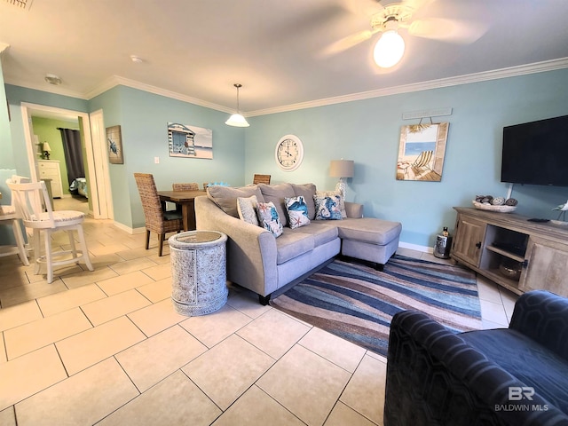 living room featuring ceiling fan, light tile patterned flooring, and ornamental molding