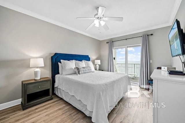 bedroom with a ceiling fan, baseboards, access to outside, light wood finished floors, and crown molding