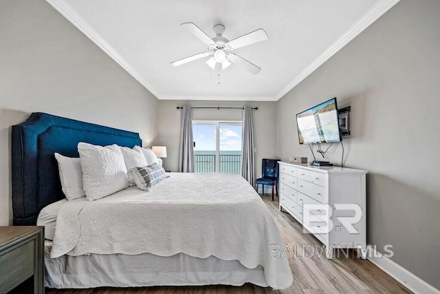 bedroom with light wood-style floors, access to exterior, ornamental molding, and baseboards