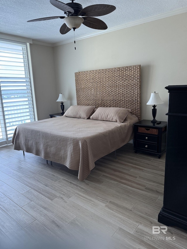 bedroom with ornamental molding, a textured ceiling, and multiple windows