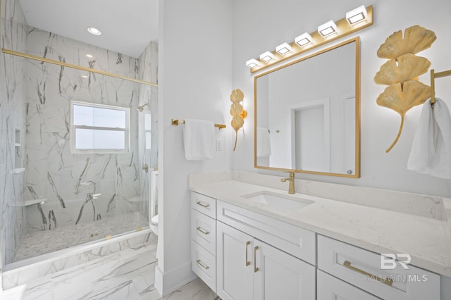 full bathroom with marble finish floor, a marble finish shower, recessed lighting, toilet, and vanity