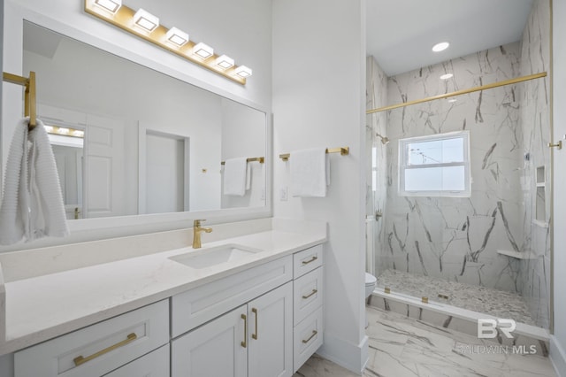 bathroom with toilet, recessed lighting, vanity, marble finish floor, and a marble finish shower