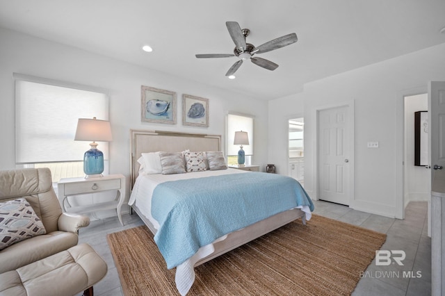 bedroom featuring baseboards, multiple windows, a ceiling fan, and recessed lighting