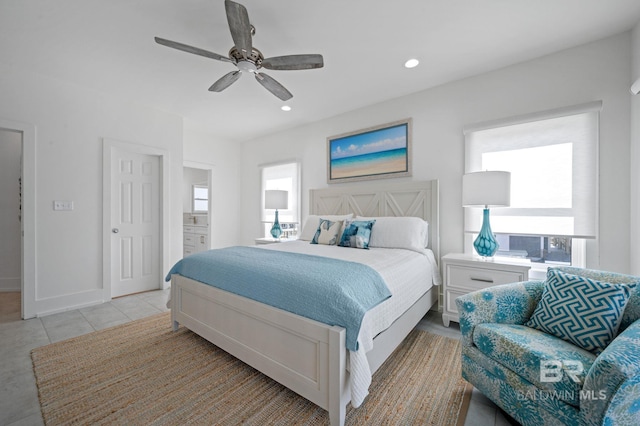 bedroom with multiple windows, light tile patterned flooring, a ceiling fan, and recessed lighting