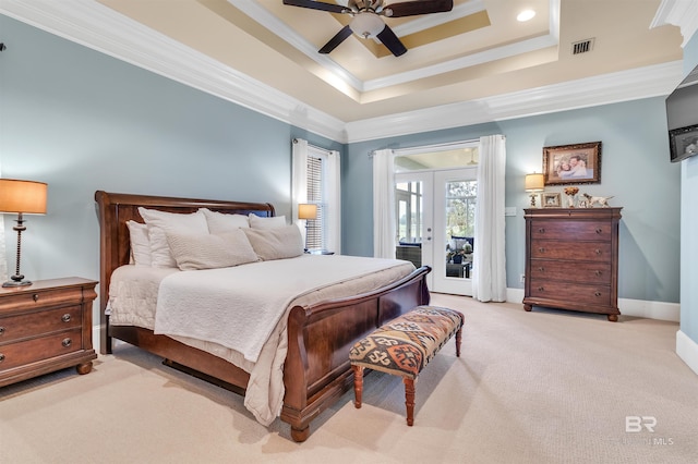 bedroom with visible vents, access to exterior, ornamental molding, light carpet, and french doors