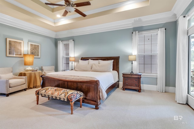 carpeted bedroom with recessed lighting, a raised ceiling, ceiling fan, and ornamental molding