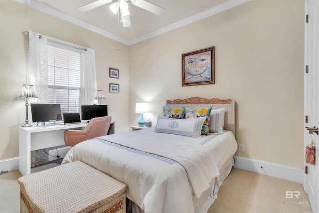 carpeted bedroom featuring a ceiling fan and ornamental molding