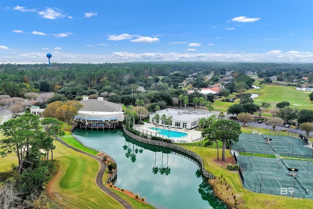 bird's eye view featuring golf course view and a water view