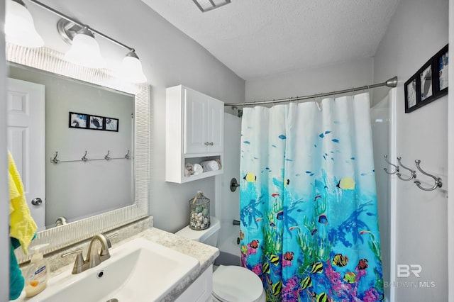 bathroom featuring vanity, a textured ceiling, and toilet