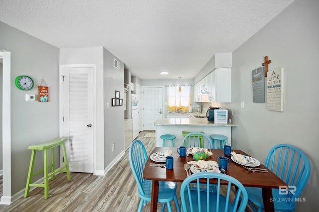 dining area featuring sink, light hardwood / wood-style flooring, and a textured ceiling