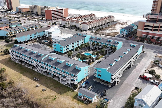 drone / aerial view with a view of the beach and a water view