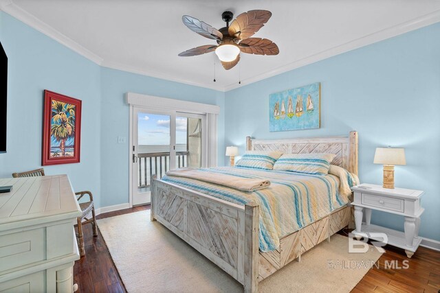 bedroom featuring access to outside, baseboards, wood finished floors, ornamental molding, and a ceiling fan