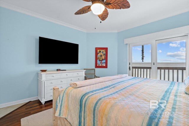 bedroom with access to exterior, dark wood finished floors, baseboards, ornamental molding, and ceiling fan