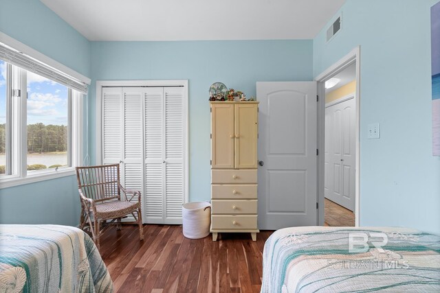 bedroom featuring dark wood-style floors and a closet
