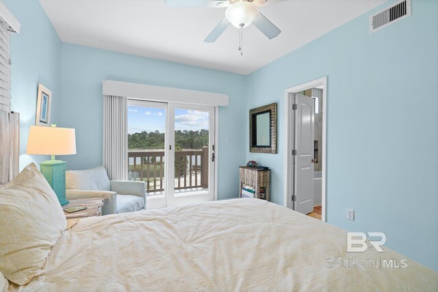 bedroom with access to exterior and ceiling fan