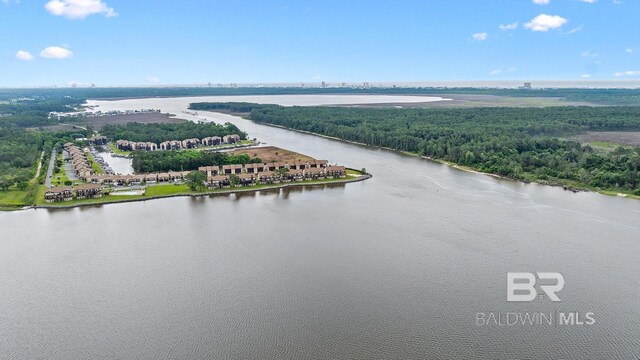 drone / aerial view of a nearby body of water and a forest