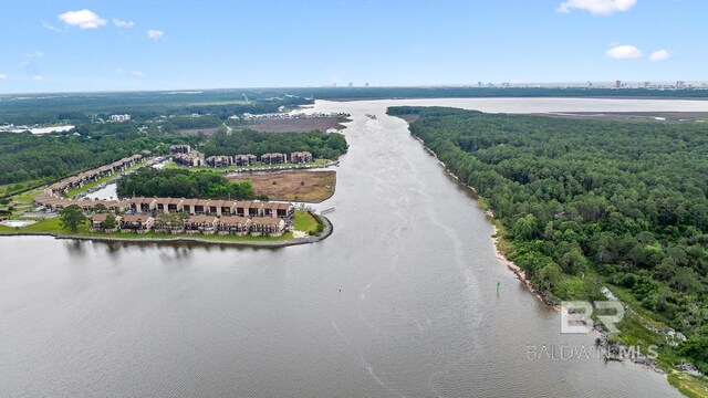 drone / aerial view of a nearby body of water and a forest