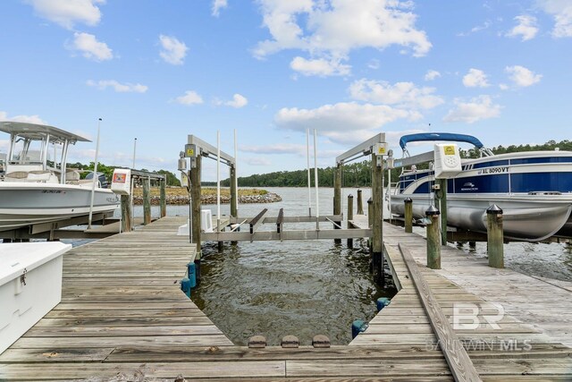dock with boat lift and a water view
