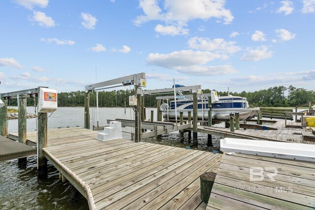 dock with boat lift and a water view