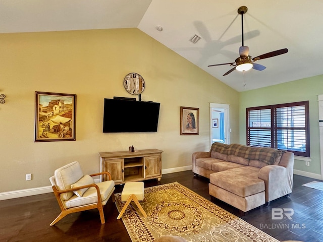 1030 Crown Walk Dr, Foley, AL 36535 - living area featuring dark wood finished floors, a ceiling fan, and high vaulted ceiling