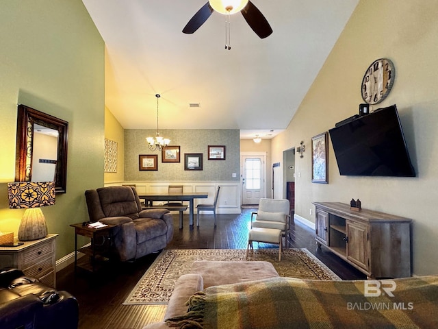 1030 Crown Walk Dr, Foley, AL 36535 - living area featuring hardwood / wood-style flooring, a chandelier, high vaulted ceiling, and ceiling fan