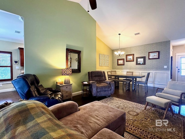 1030 Crown Walk Dr, Foley, AL 36535 - living area with a chandelier, lofted ceiling, ceiling fan, and dark wood-type flooring