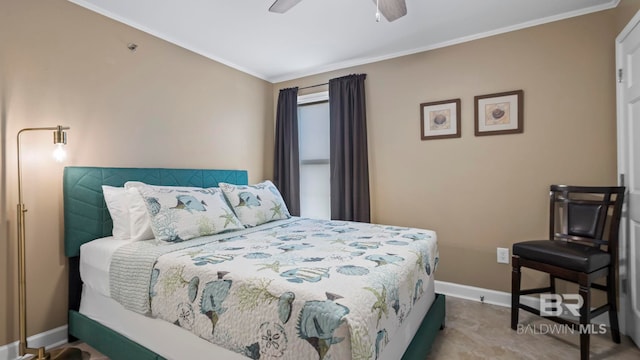 24132 Perdido Beach Blvd Unit 1011, Orange Beach, AL 36561 - bedroom featuring baseboards, crown molding, and a ceiling fan