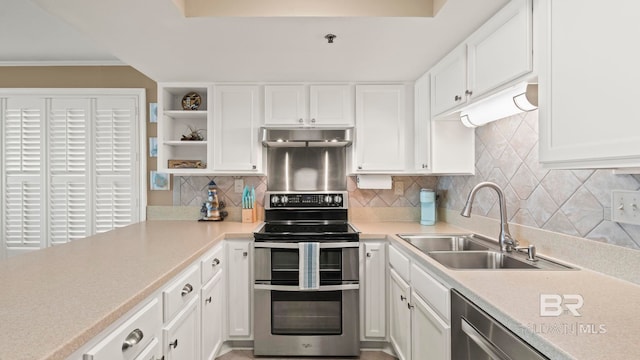 24132 Perdido Beach Blvd Unit 1011, Orange Beach, AL 36561 - kitchen with appliances with stainless steel finishes, a sink, open shelves, white cabinetry, and light countertops