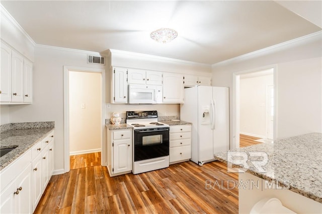 kitchen with white cabinetry, white appliances, crown molding, and light hardwood / wood-style flooring