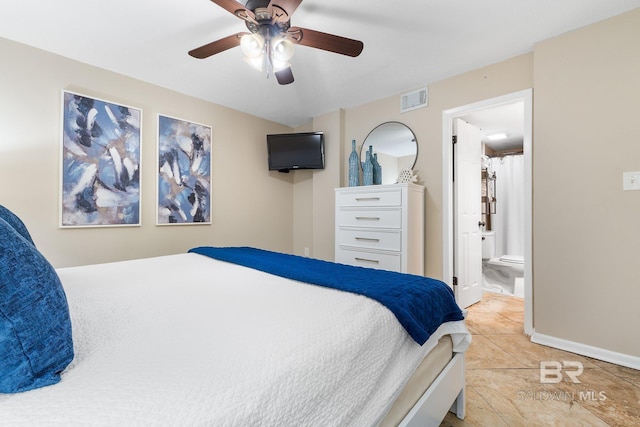 bedroom with light tile patterned floors, baseboards, visible vents, a ceiling fan, and ensuite bathroom