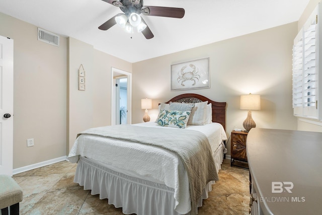 bedroom featuring baseboards, visible vents, and ceiling fan