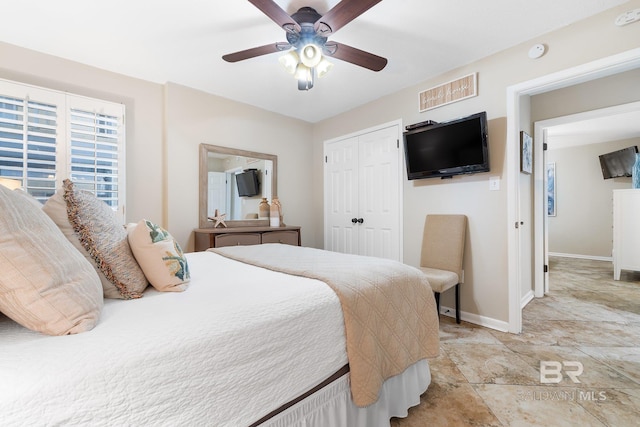 bedroom featuring a ceiling fan, a closet, visible vents, and baseboards