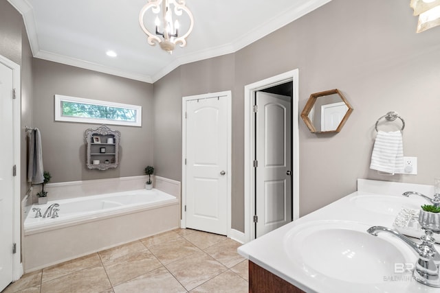 bathroom featuring an inviting chandelier, a sink, a bath, and ornamental molding