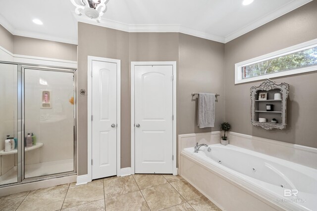 bathroom featuring a jetted tub, tile patterned floors, ornamental molding, and a stall shower