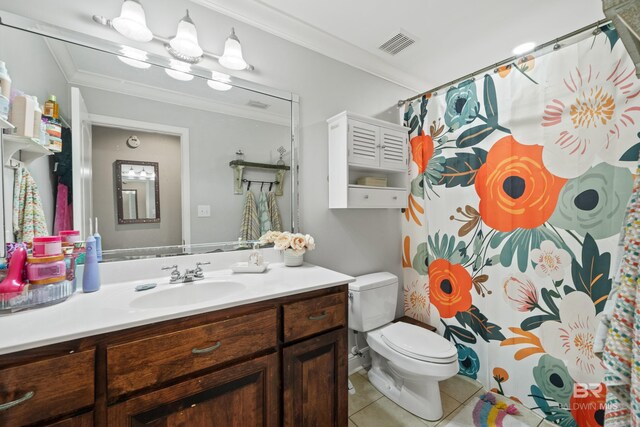 full bathroom featuring visible vents, crown molding, tile patterned flooring, vanity, and toilet