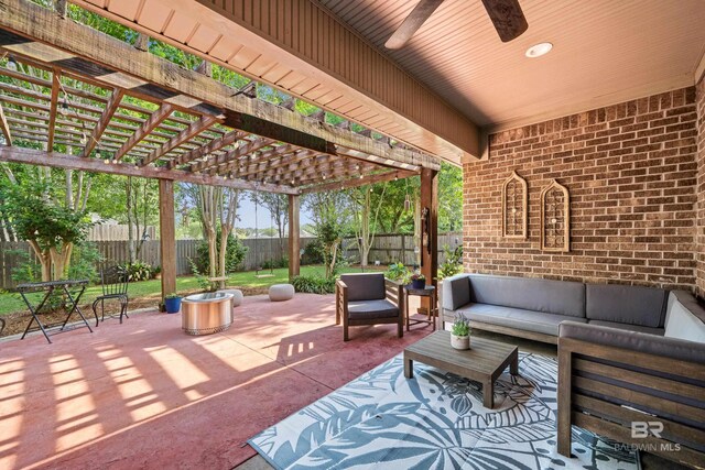 view of patio / terrace featuring a fenced backyard, a pergola, ceiling fan, and outdoor lounge area