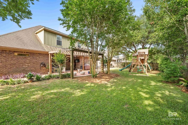 view of yard with a playground, a pergola, a fenced backyard, and a patio