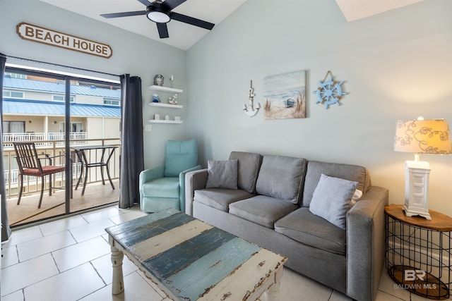 23044 Perdido Beach Blvd Unit 338, Orange Beach, AL 36561 - living area featuring a ceiling fan, lofted ceiling, and tile patterned flooring