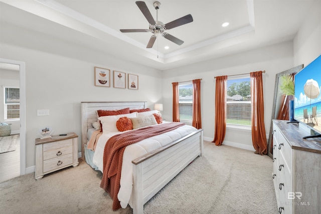9365 Eiland Dr, Foley, AL 36535 - bedroom with light carpet, recessed lighting, baseboards, a tray ceiling, and a ceiling fan