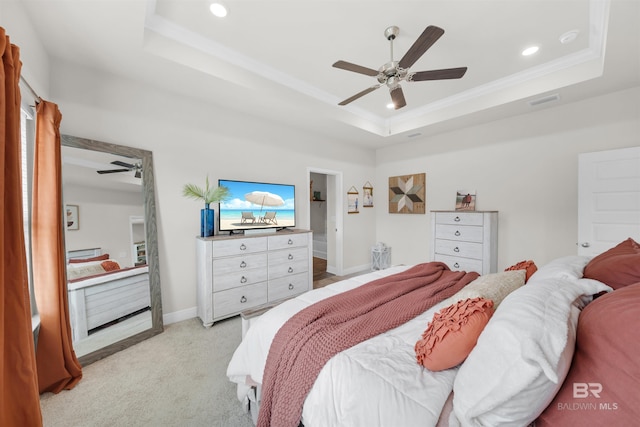 9365 Eiland Dr, Foley, AL 36535 - bedroom featuring a raised ceiling, recessed lighting, light carpet, crown molding, and a ceiling fan