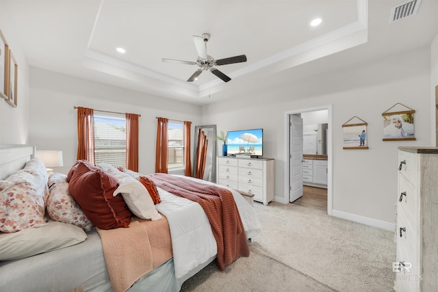 9365 Eiland Dr, Foley, AL 36535 - bedroom with a raised ceiling, crown molding, light carpet, baseboards, and recessed lighting