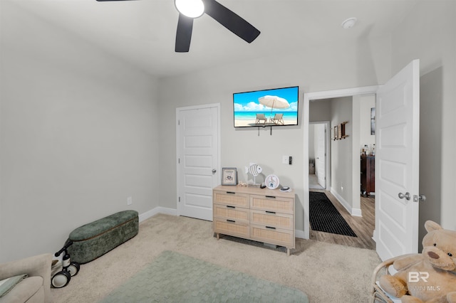 9365 Eiland Dr, Foley, AL 36535 - bedroom with light carpet, baseboards, and a ceiling fan