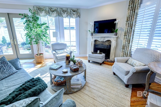 living room with crown molding, a wealth of natural light, a high end fireplace, and french doors