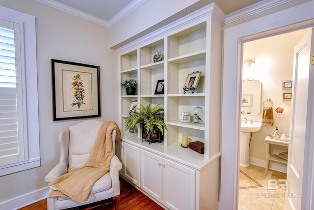 sitting room with sink, crown molding, and dark tile floors