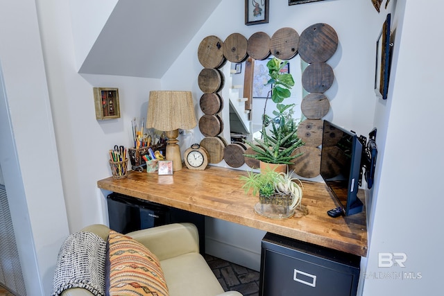 interior space featuring butcher block countertops and refrigerator