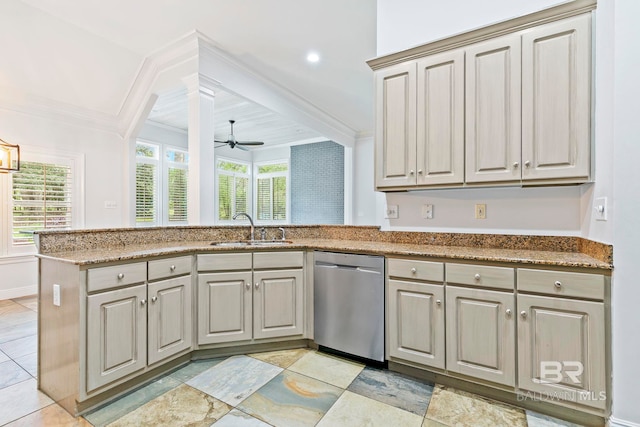 kitchen with sink, kitchen peninsula, crown molding, ceiling fan, and stainless steel dishwasher