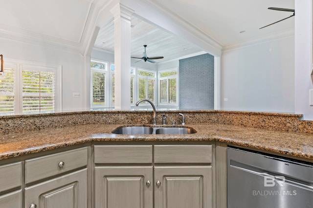 kitchen featuring ceiling fan, dishwasher, crown molding, and sink